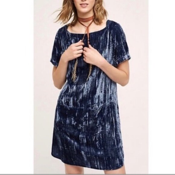 Anthropologie Floreat Blue Crushed Velvet Pocket Dress X- Small - Picture 2 of 8